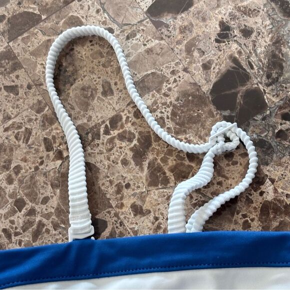 Aerie | Women’s Blue and White Bandeau Bikini Top White Ribbed Adjustable Straps - Picture 5 of 14